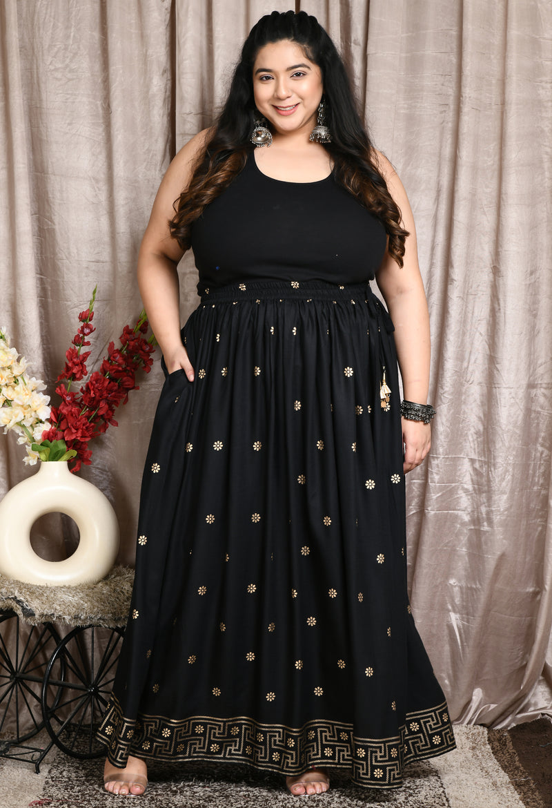 Plus Size Black Gold Printed Skirt DESINOOR.COM Plus Size Black Gold Printed Skirt DESINOOR.COM