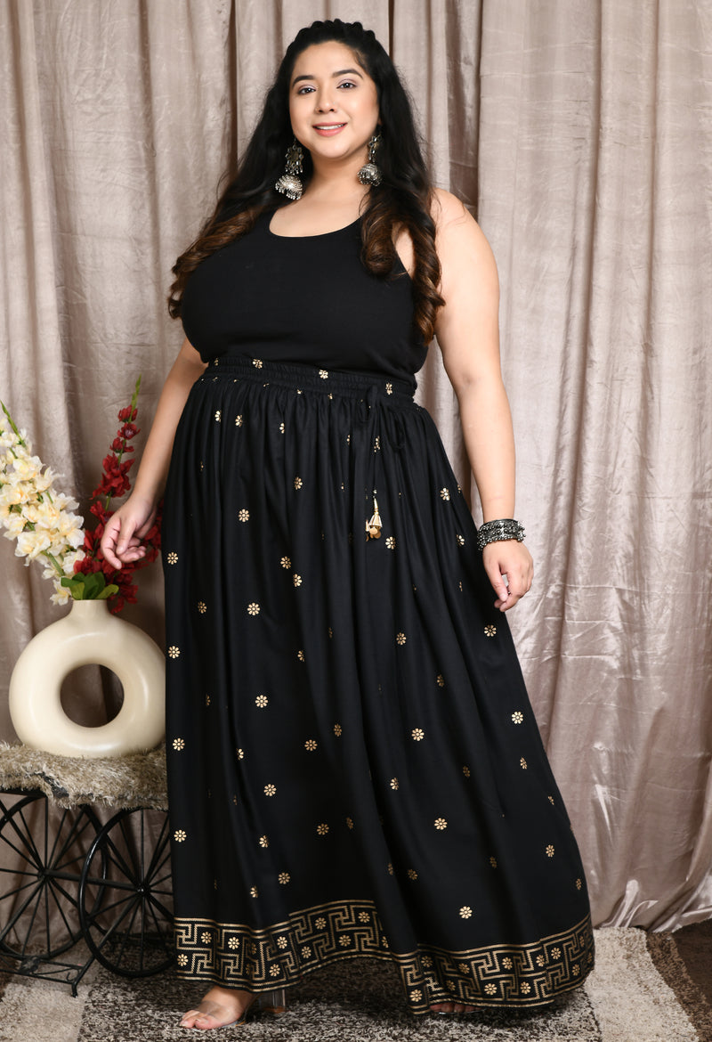 Plus Size Black Gold Printed Skirt DESINOOR.COM Plus Size Black Gold Printed Skirt DESINOOR.COM