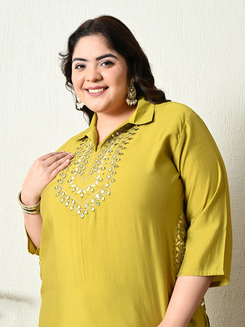 Plus Size Parrot Green Mirror Embellished Co-ord Set