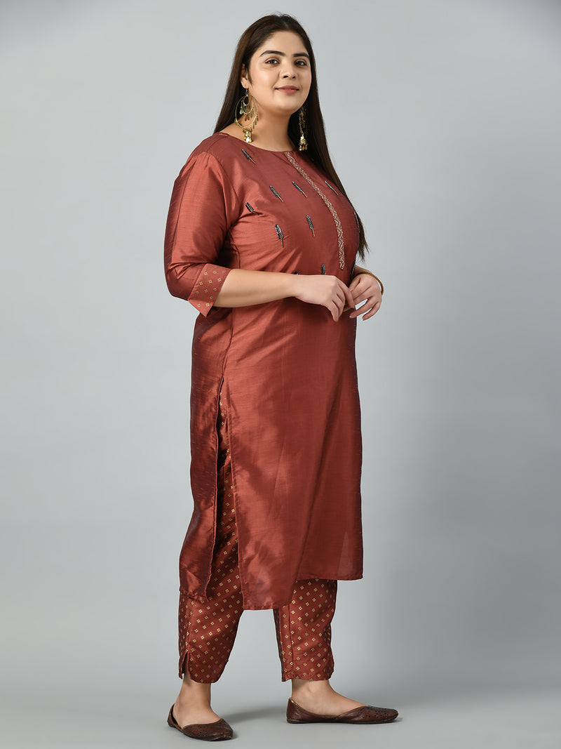 Plus Size Mystical Rust Embellished Zorba Kurta Set with Dupatta