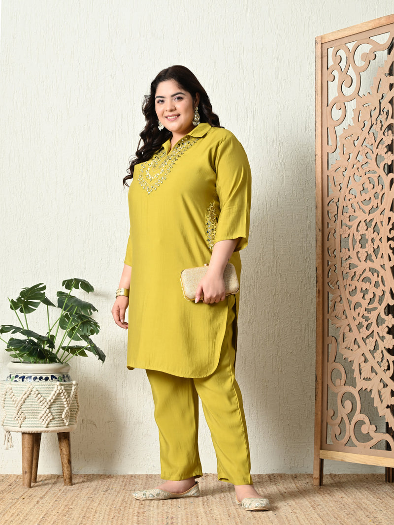 Plus Size Parrot Green Mirror Embellished Co-ord Set