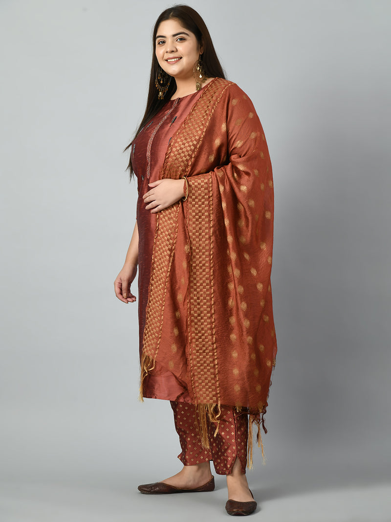 Plus Size Mystical Rust Embellished Zorba Kurta Set with Dupatta