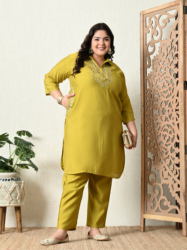 Plus Size Parrot Green Mirror Embellished Co-ord Set