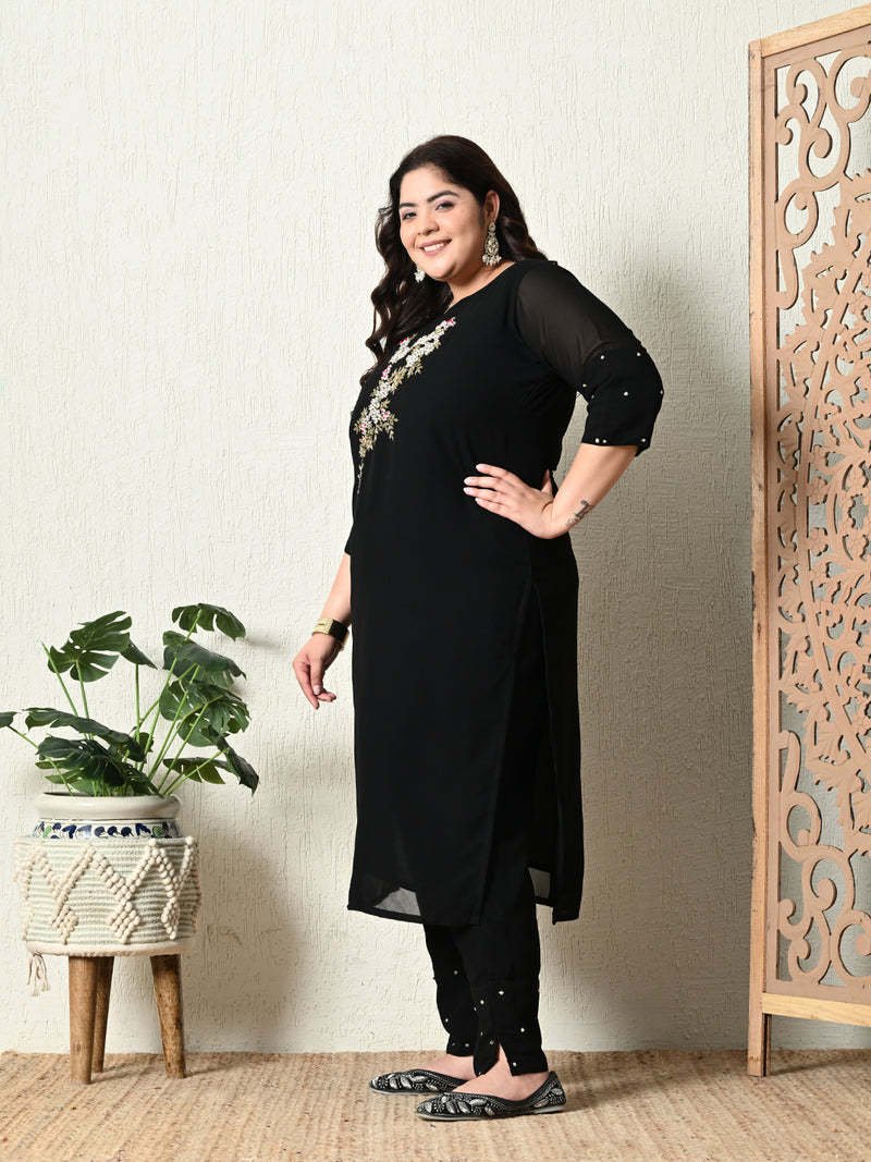 Plus Size Black Pearl Georgette Kurta Set with Magenta Dupatta