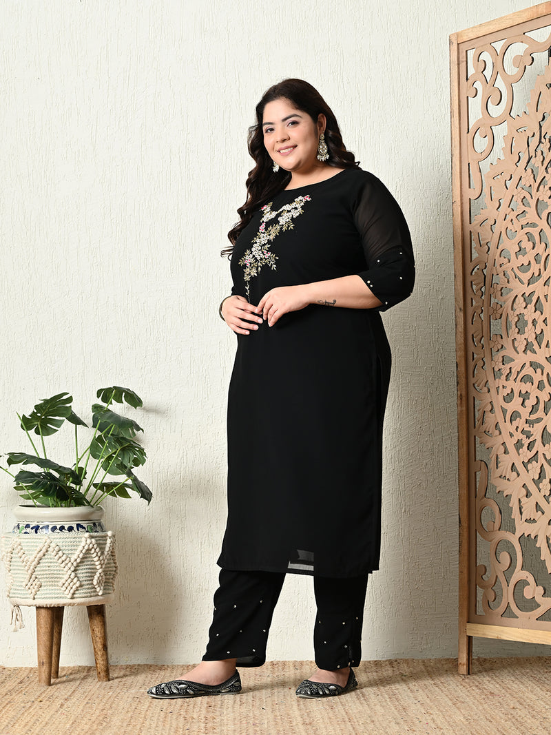 Plus Size Black Pearl Georgette Kurta Set with Magenta Dupatta