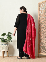 Plus Size Black Pearl Georgette Kurta Set with Magenta Dupatta