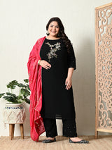 Plus Size Black Pearl Georgette Kurta Set with Magenta Dupatta