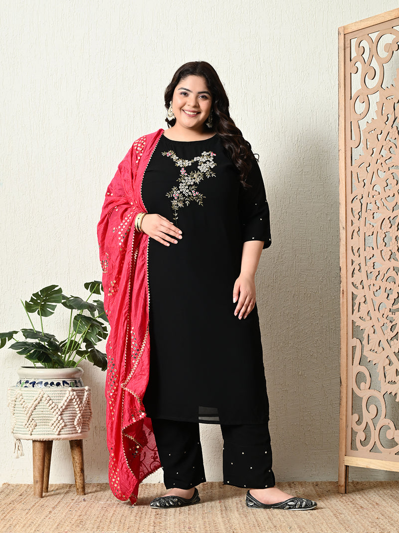 Plus Size Black Pearl Georgette Kurta Set with Magenta Dupatta