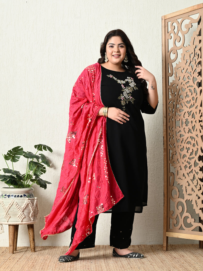 Plus Size Black Pearl Georgette Kurta Set with Magenta Dupatta