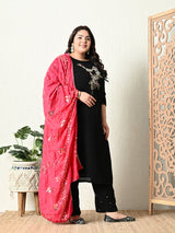 Plus Size Black Pearl Georgette Kurta Set with Magenta Dupatta