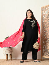 Plus Size Black Pearl Georgette Kurta Set with Magenta Dupatta