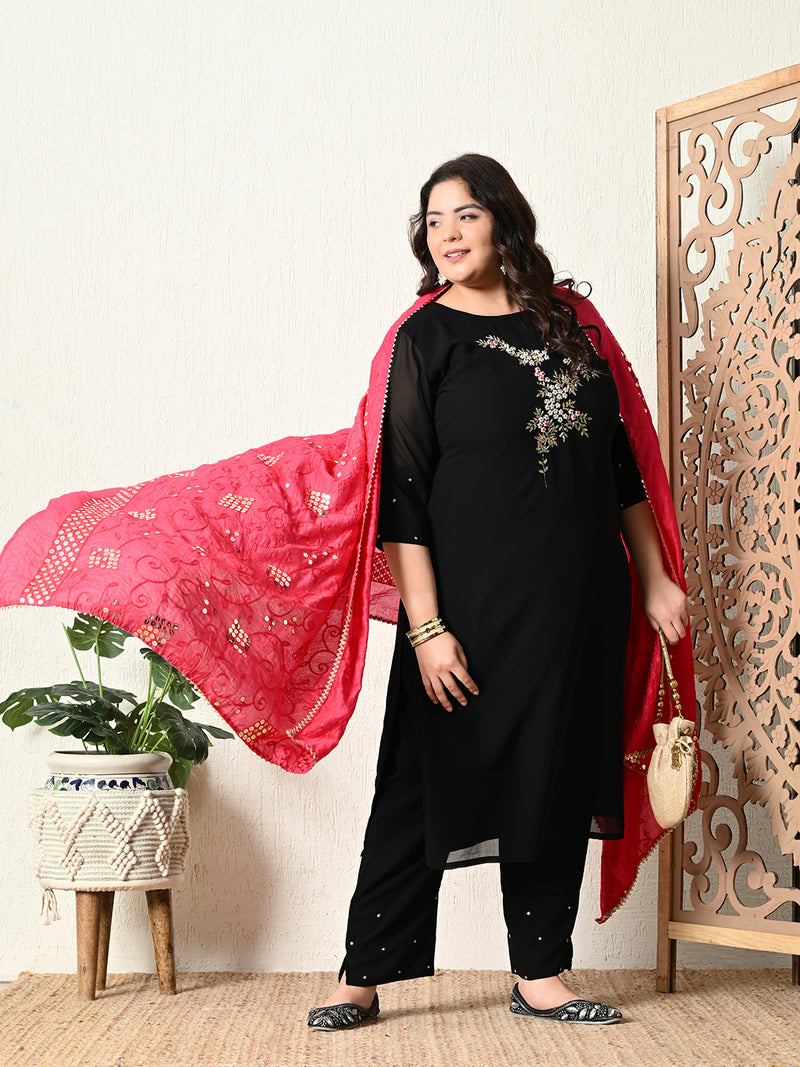 Plus Size Black Pearl Georgette Kurta Set with Magenta Dupatta