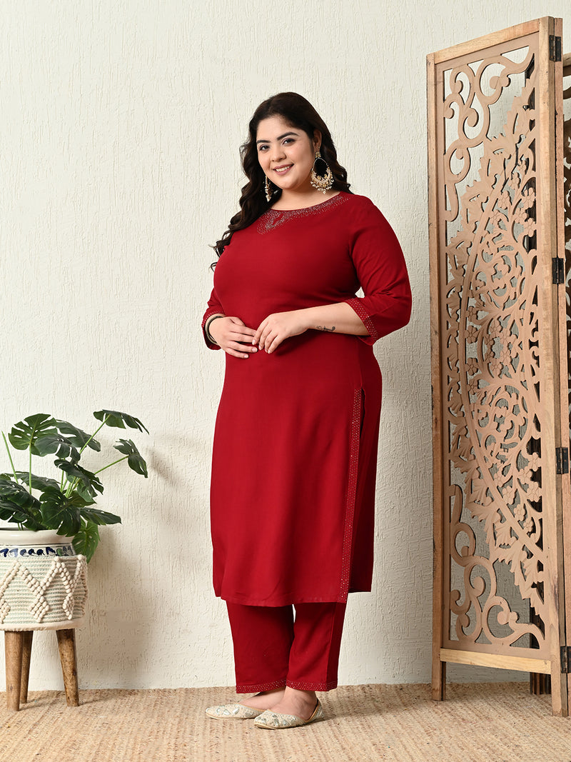 Plus Size Maroon Siroski Kurta Set with Dupatta