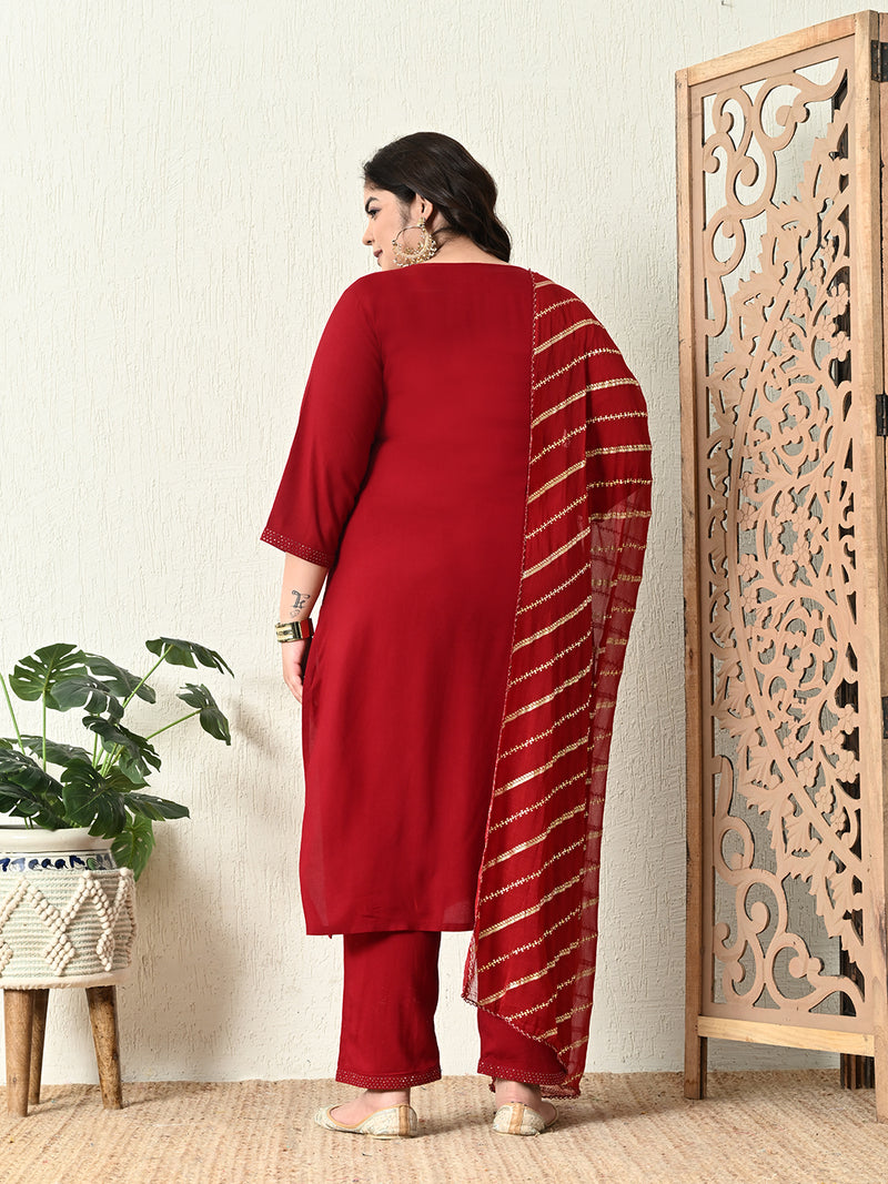 Plus Size Maroon Siroski Kurta Set with Dupatta