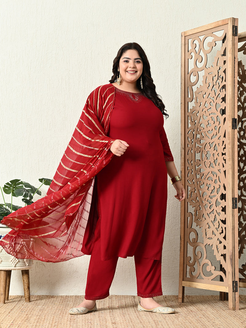 Plus Size Maroon Siroski Kurta Set with Dupatta