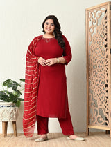 Plus Size Maroon Siroski Kurta Set with Dupatta