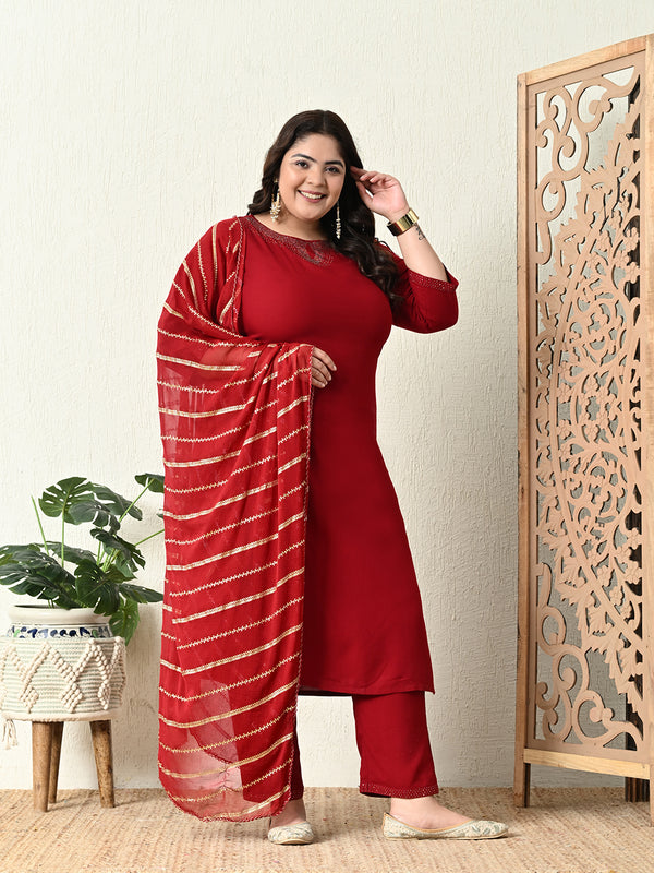 Plus Size Maroon Siroski Kurta Set with Dupatta