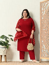 Plus Size Maroon Siroski Kurta Set with Dupatta