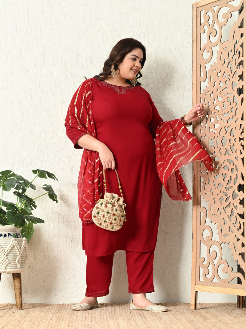 Plus Size Maroon Siroski Kurta Set with Dupatta