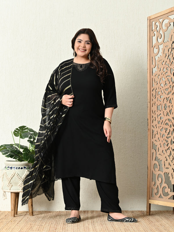 Plus Size Black Siroski Kurta Set with Dupatta