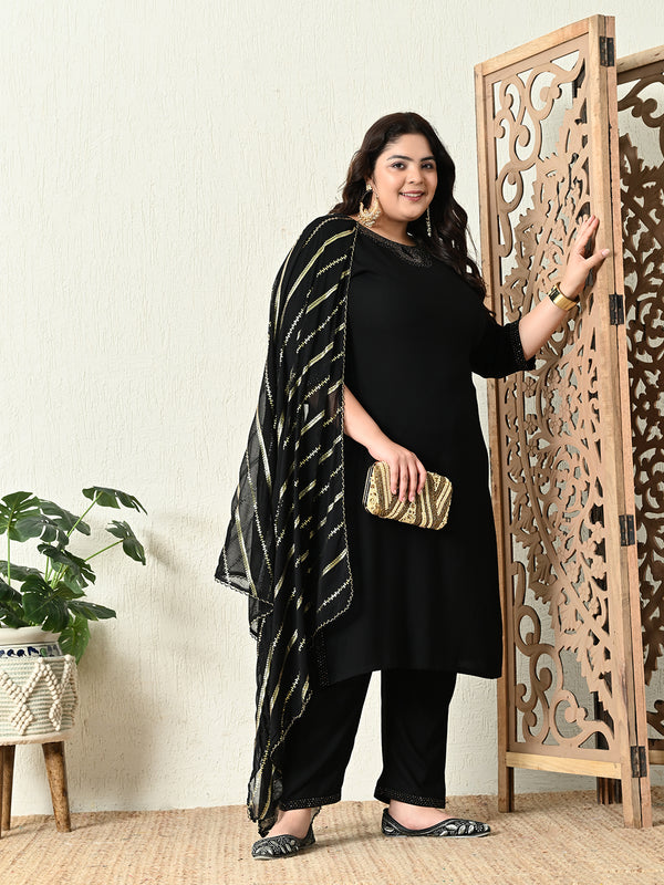 Plus Size Black Siroski Kurta Set with Dupatta