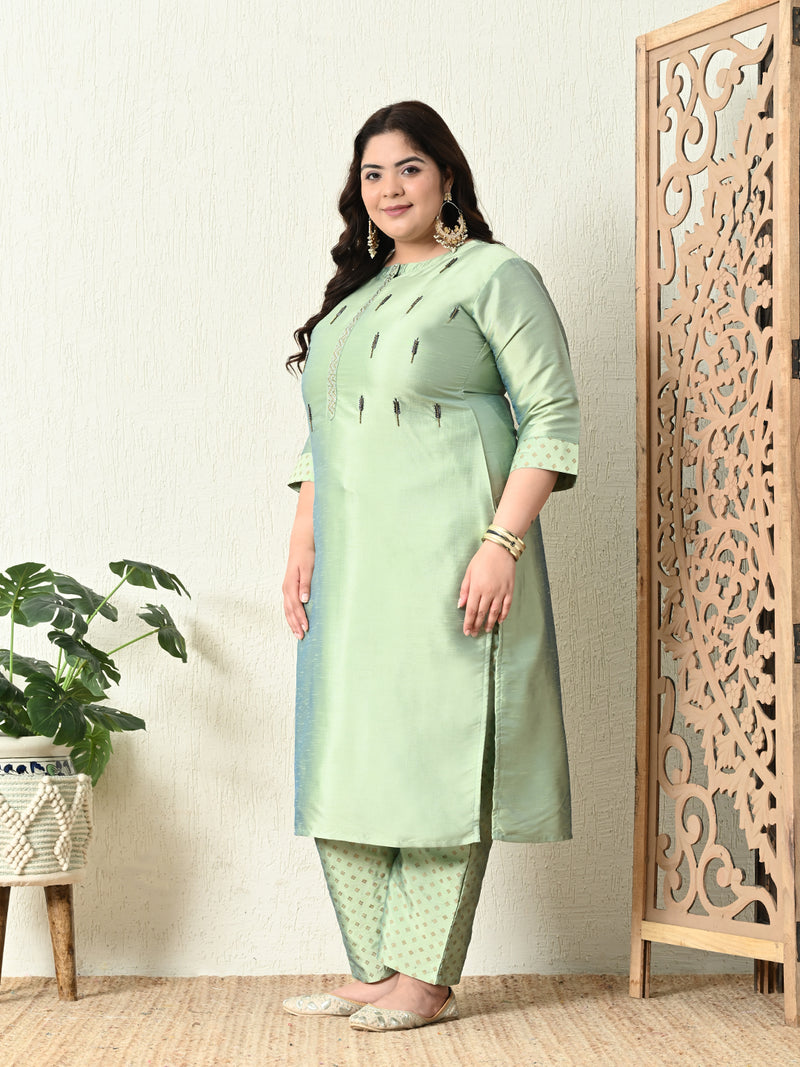 Plus Size Mystical Pista Green Embellished Zorba Kurta Set with Dupatta