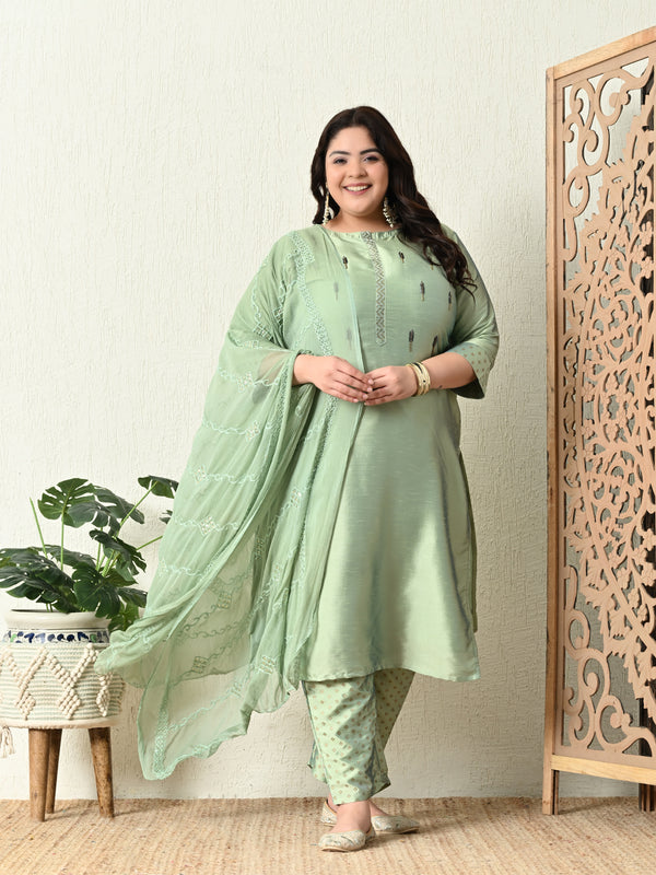 Plus Size Mystical Pista Green Embellished Zorba Kurta Set with Dupatta