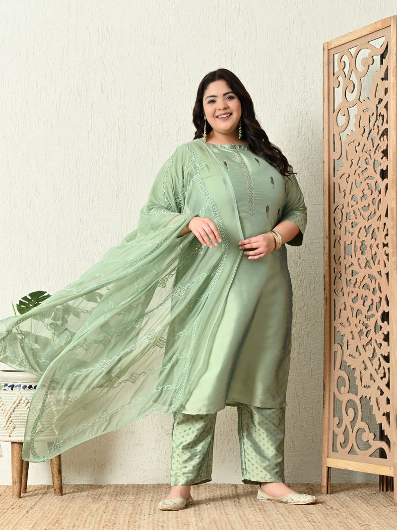 Plus Size Mystical Pista Green Embellished Zorba Kurta Set with Dupatta