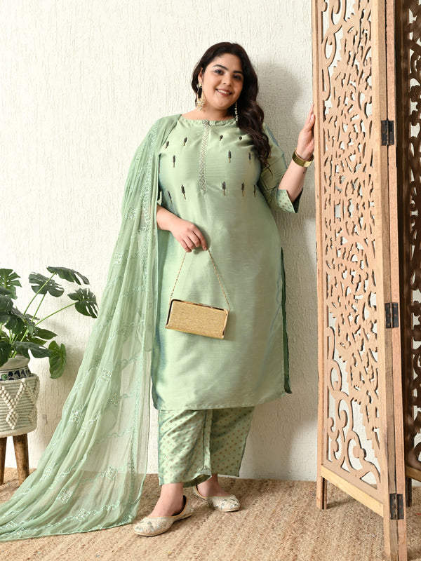 Plus Size Mystical Pista Green Embellished Zorba Kurta Set with Dupatta