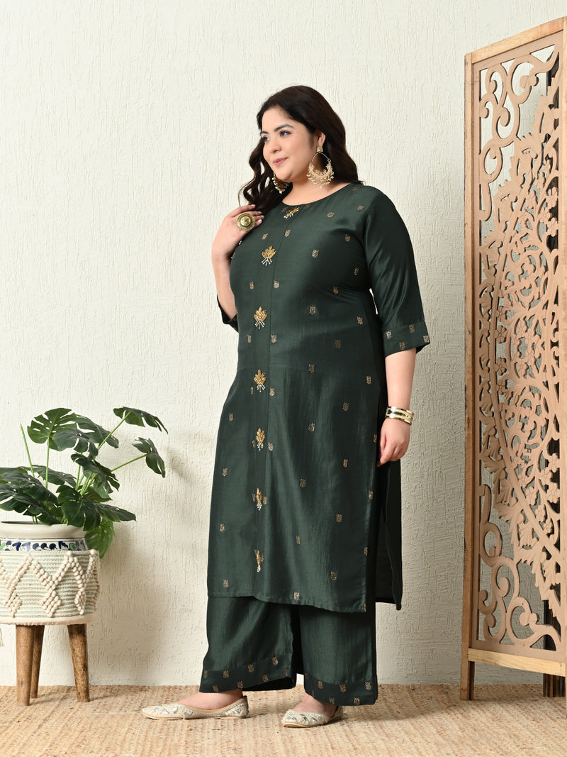 Plus Size Green Silk Ceroski Kurta Palazzo Set with Dupatta