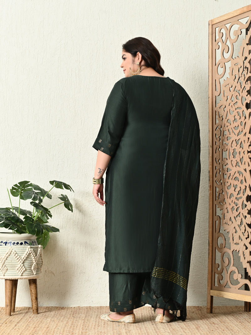 Plus Size Green Silk Ceroski Kurta Palazzo Set with Dupatta