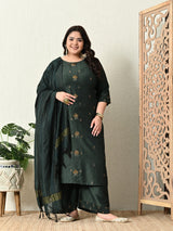 Plus Size Green Silk Ceroski Kurta Palazzo Set with Dupatta