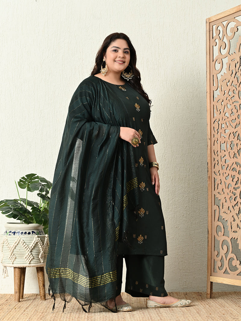 Plus Size Green Silk Ceroski Kurta Palazzo Set with Dupatta