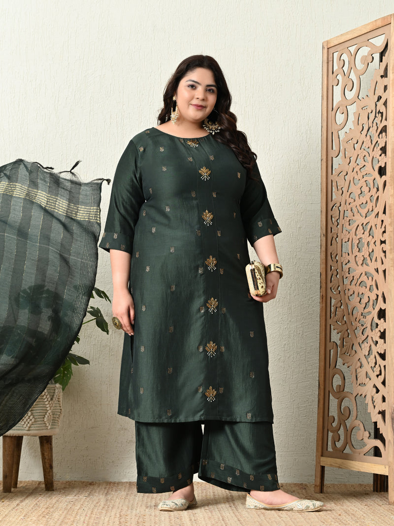 Plus Size Green Silk Ceroski Kurta Palazzo Set with Dupatta