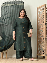 Plus Size Green Silk Ceroski Kurta Palazzo Set with Dupatta