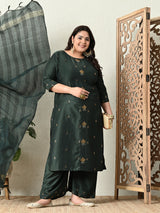 Plus Size Green Silk Ceroski Kurta Palazzo Set with Dupatta