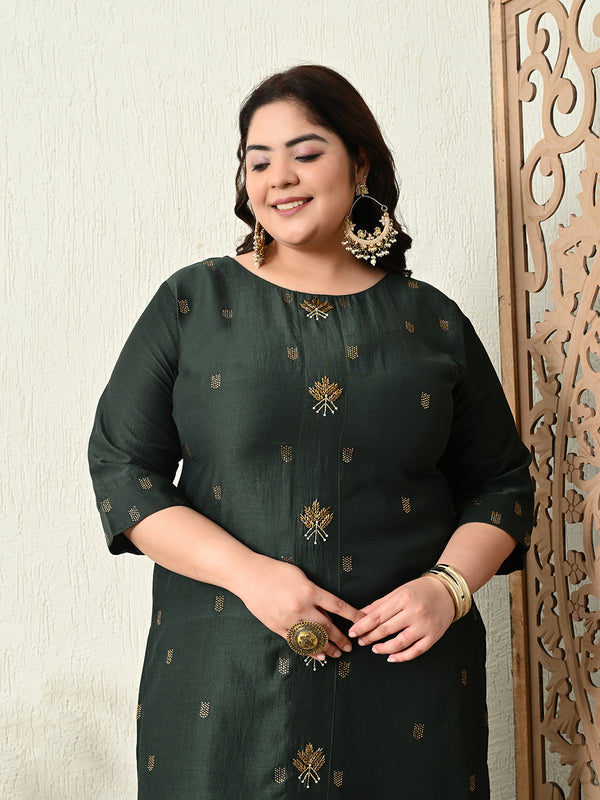 Plus Size Green Silk Ceroski Kurta Palazzo Set with Dupatta