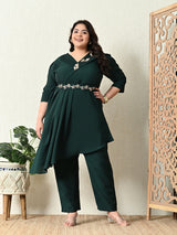 Plus Size Bottle Green Embellished Co-ord Set