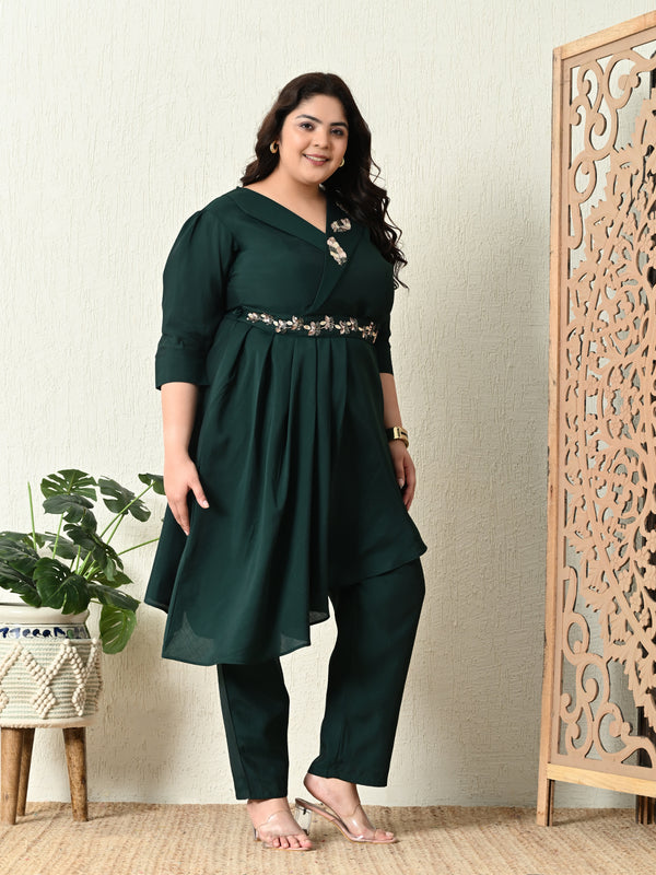 Plus Size Bottle Green Embellished Co-ord Set