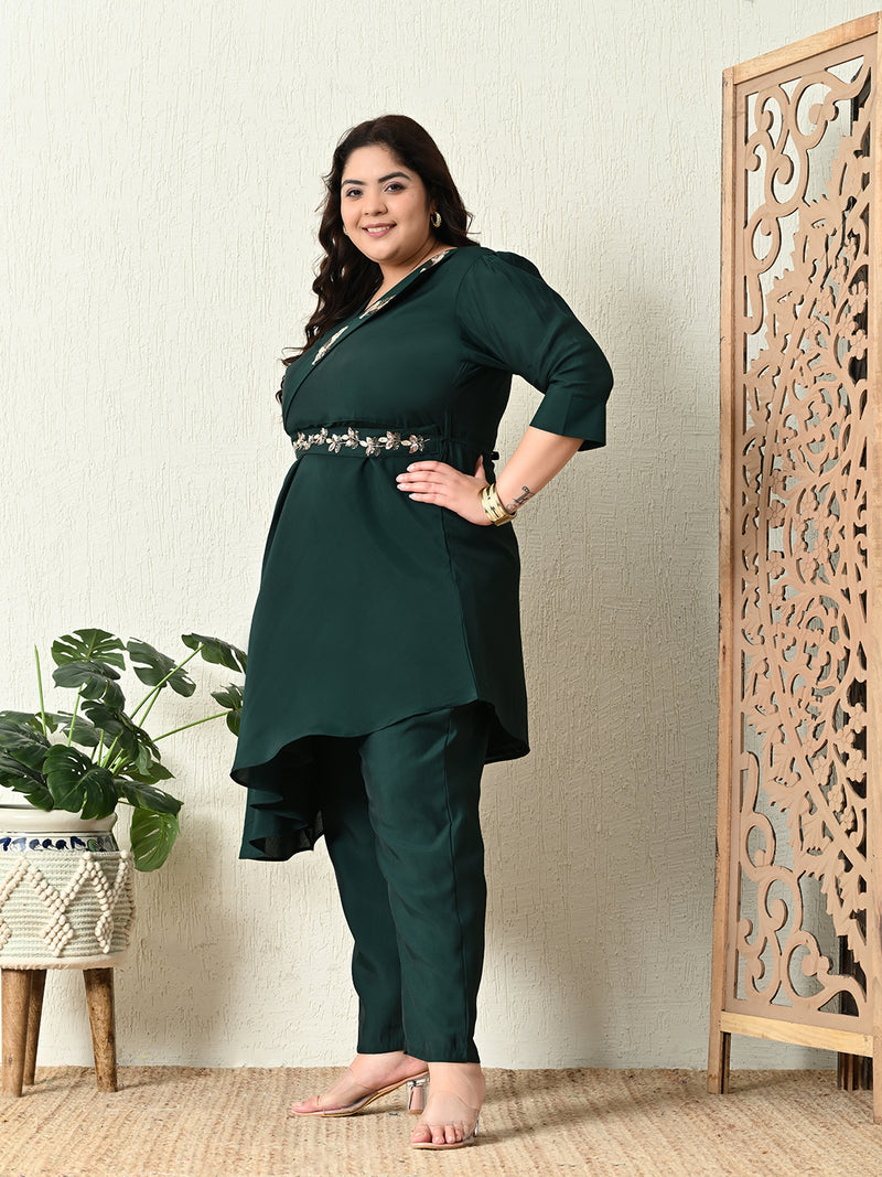 Plus Size Bottle Green Embellished Co-ord Set