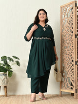 Plus Size Bottle Green Embellished Co-ord Set