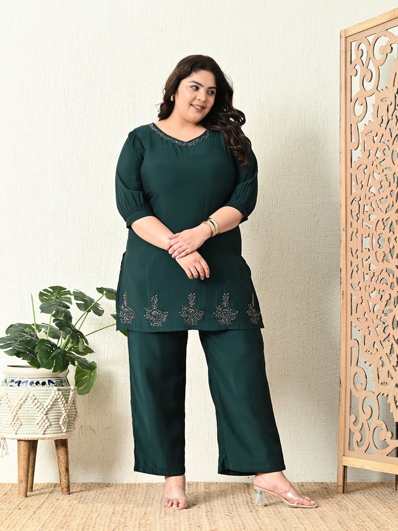 Plus Size Bottle Green Embellished Co-ord Set