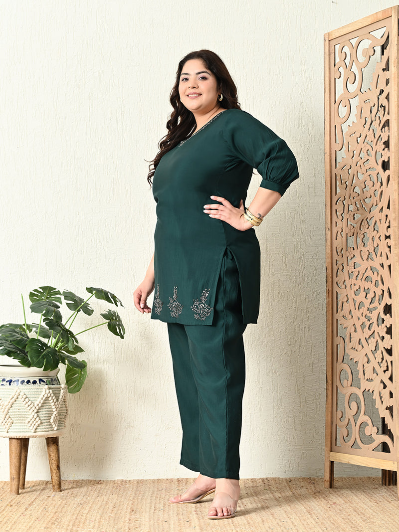 Plus Size Bottle Green Embellished Co-ord Set