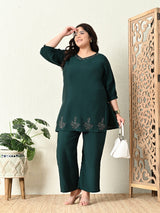 Plus Size Bottle Green Embellished Co-ord Set