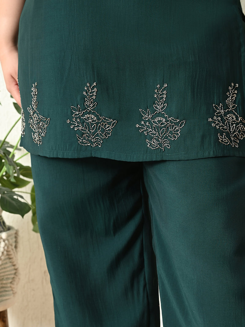 Plus Size Bottle Green Embellished Co-ord Set