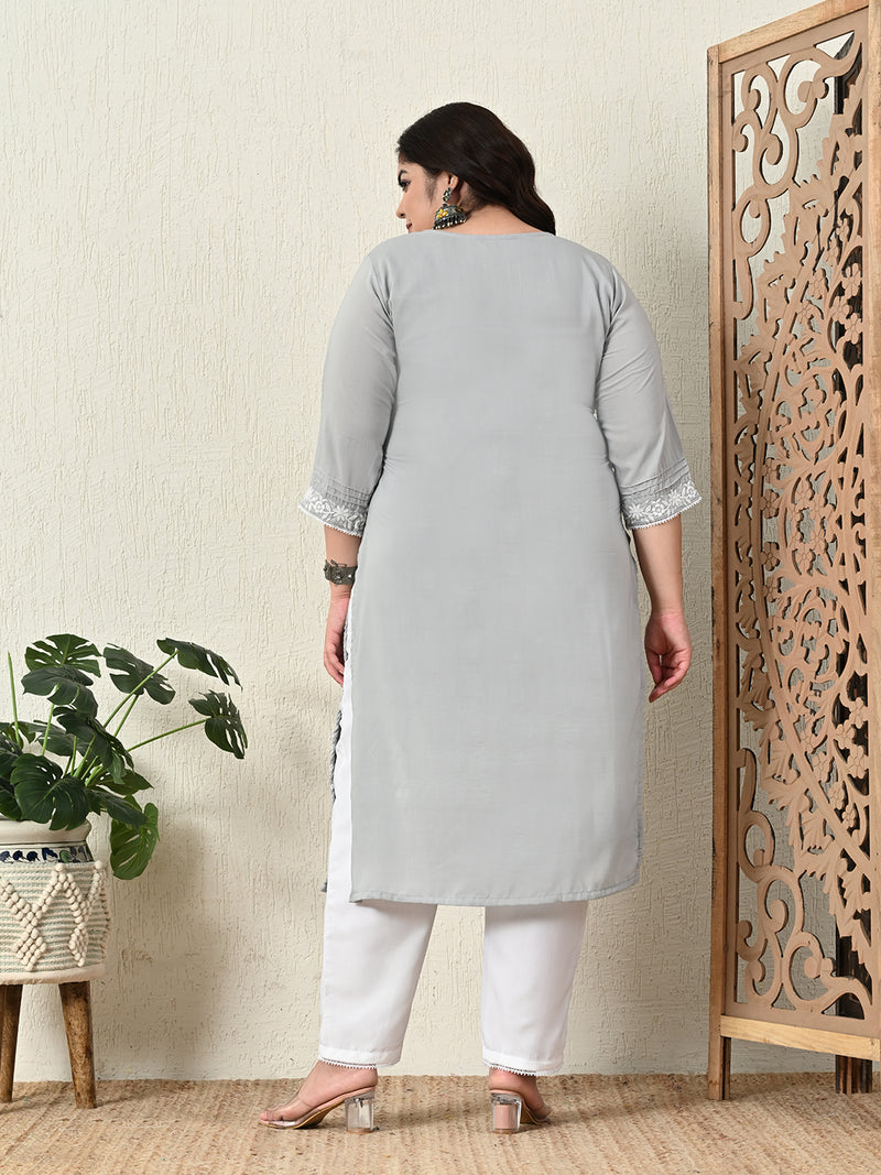 Plus Size Grey Embroidered Kurta Pant Set