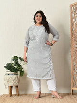 Plus Size Grey Embroidered Kurta Pant Set