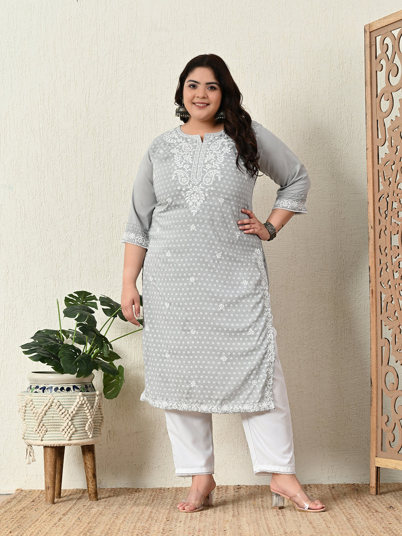 Plus Size Grey Embroidered Kurta Pant Set