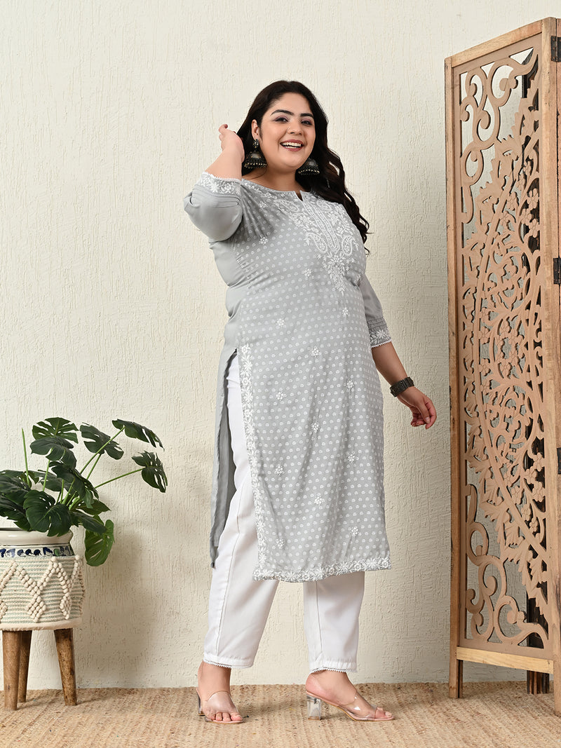 Plus Size Grey Embroidered Kurta Pant Set