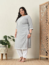 Plus Size Grey Embroidered Kurta Pant Set